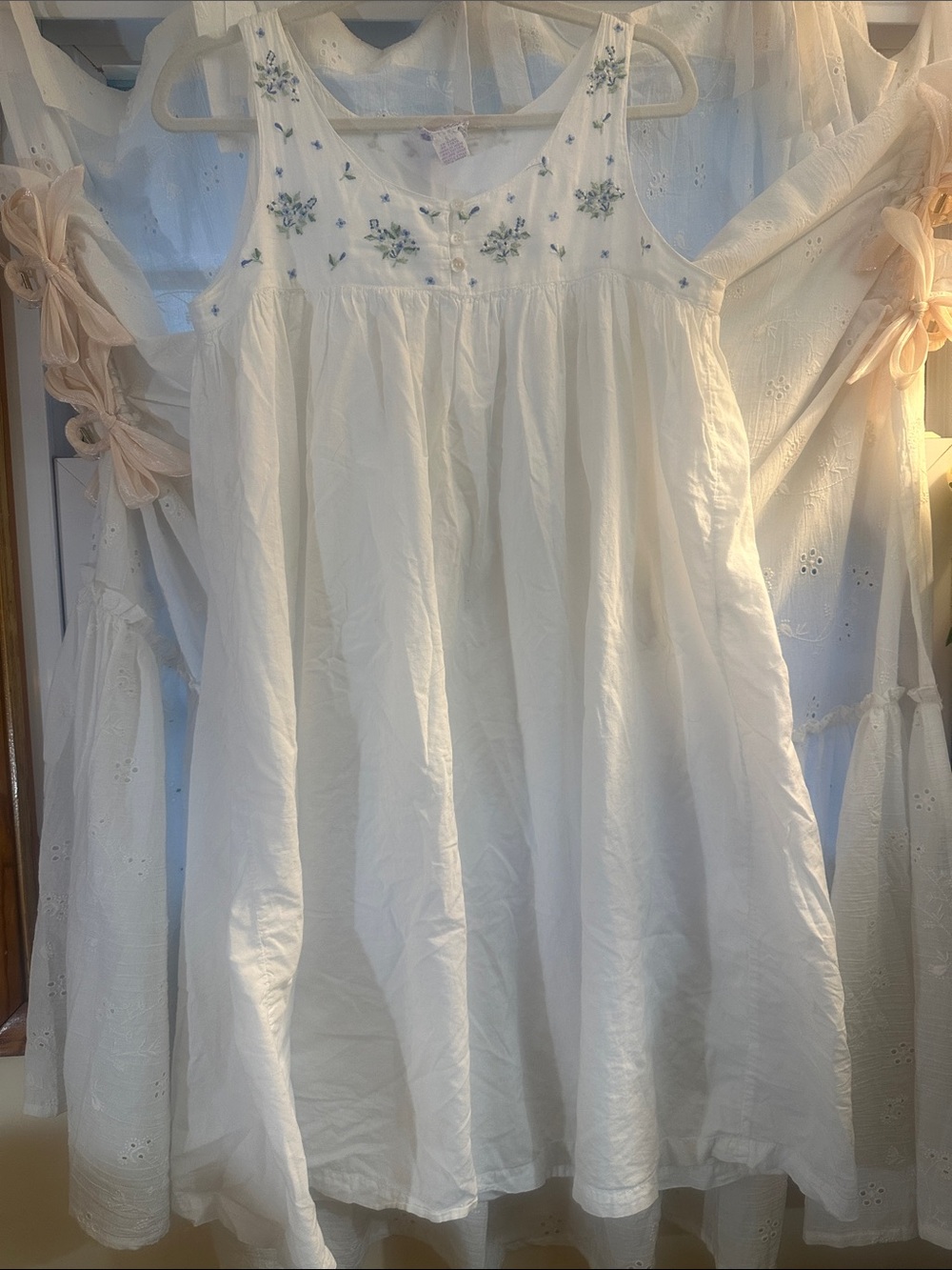 April Cornell White Night Gown Nightie Dress with Blue Floral Embroidery Small